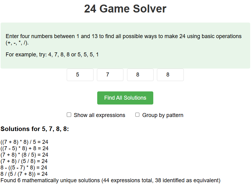 Preview of 24 Game Solver showing multiple solutions