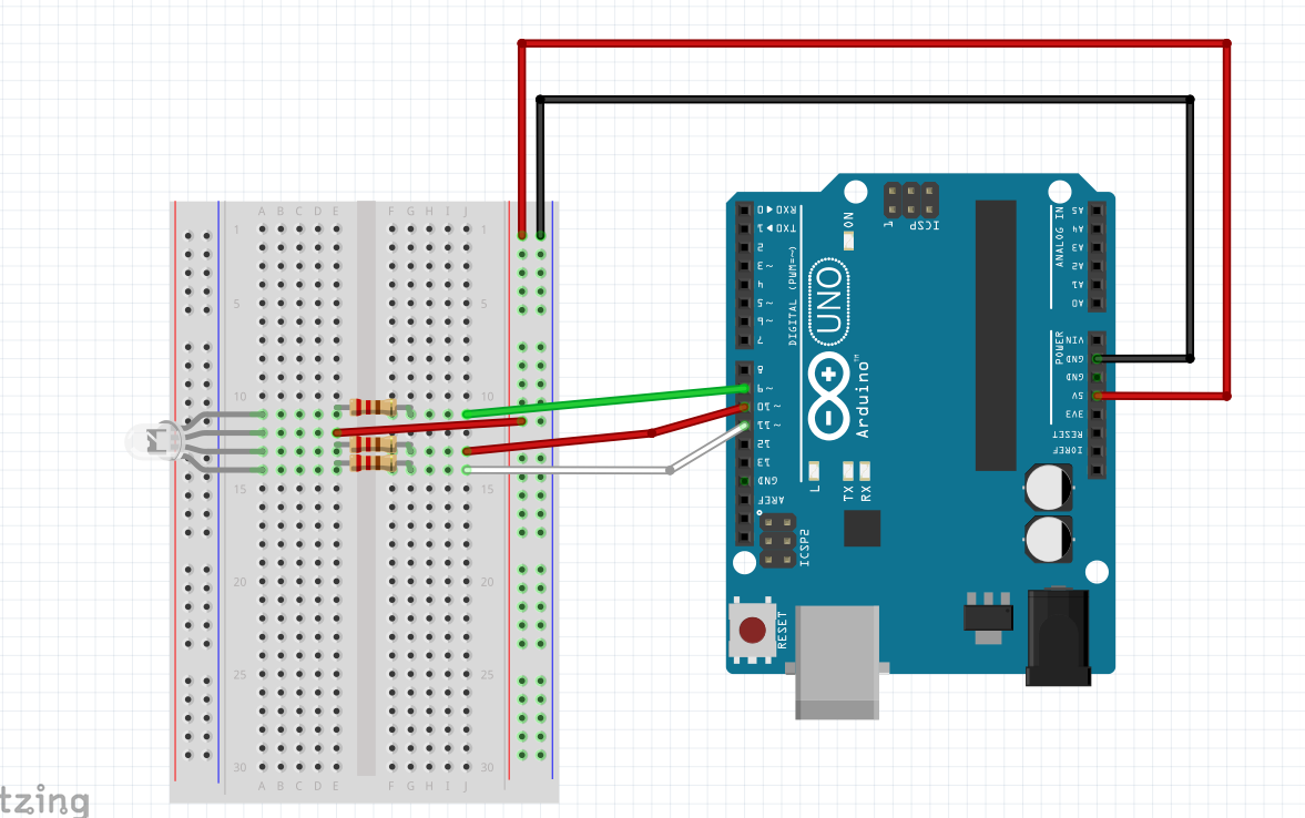 RGB LED wiring diagram showing proper connections with current-limiting resistors to Arduino PWM pins 9, 10, and 11