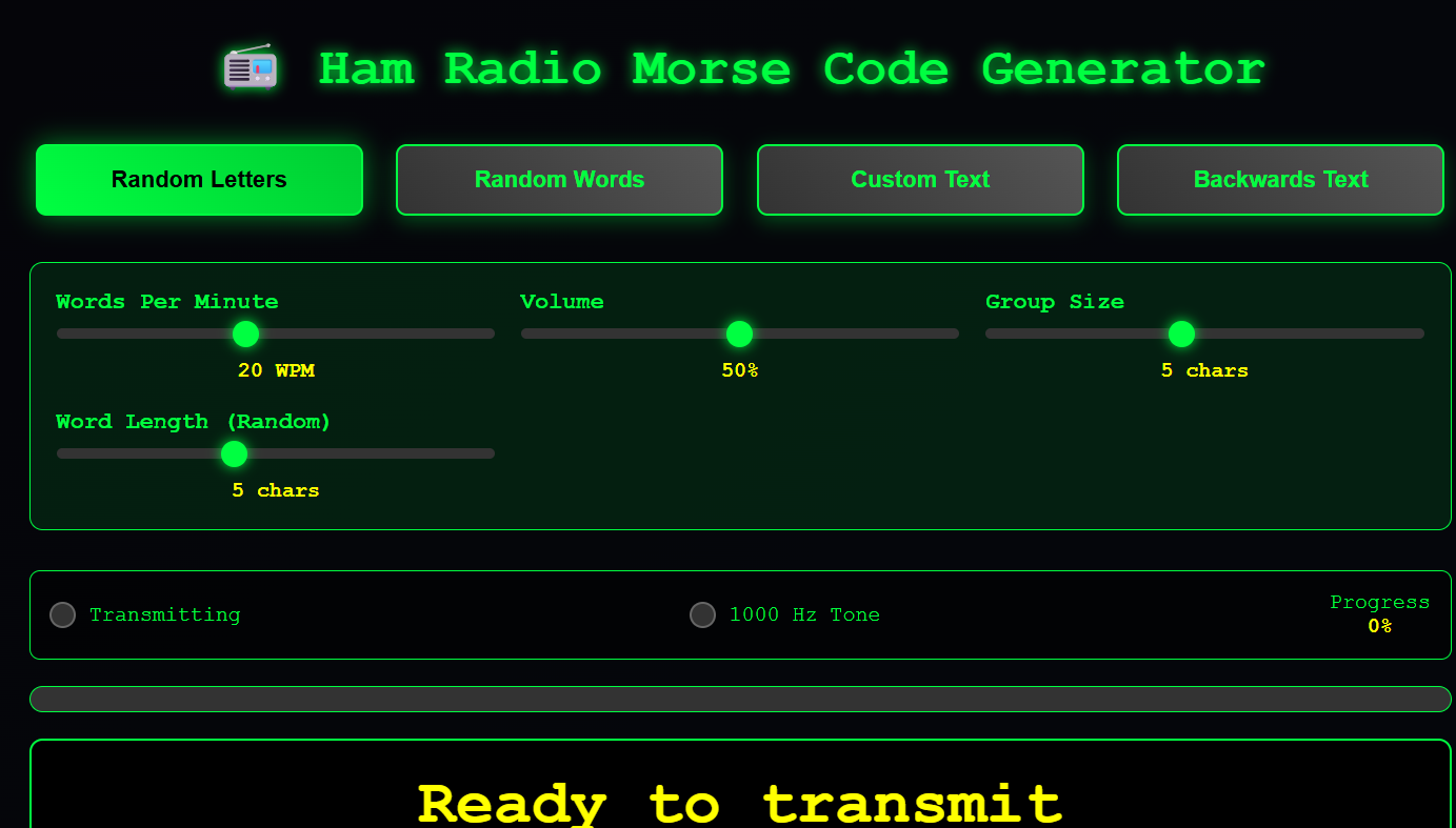 Preview of Ham Radio Morse Code Generator with practice modes and transmission controls