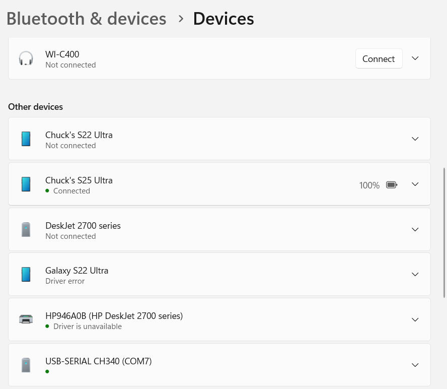 Windows 11 shows USB-SERIAL CH340 (COM7) under Other devices